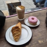 Decaf salt caramel latte, croissant, donut #Veganuary at Lost Weekend in Munich