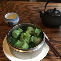 Veggie shu mai and Greetings jasmine tea  at LuAnne's Wild Ginger in New York City