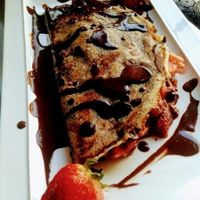 awesome vegan fruit chocolate pancake, made vegan juat for us:) at Namaste Restaurant in Guatape