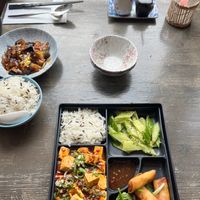 Mapo tofu lunchbox for 12€, and an aubergine dish with rice (extra). at Tianfuzius in Berlin