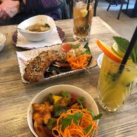 Wonton soup, smaller portion of vegan duck and smaller portion of vegan shrimps at Tianfuzius in Berlin
