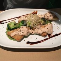 Fried tofu with broccoli and nut sauce at Vegetalia - Gotico in Barcelona