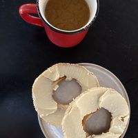 Vegan bagel and cream cheese. Think it was hummus based, tasted fresh and delish! The bagel itself was incredibly good as well.   at Mahtay Cafe in St Catharines