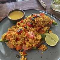 Tofu scramble, faux salmon (carrot), avocado and Benedict sauce   at Karma Kafe in Koh Phangan