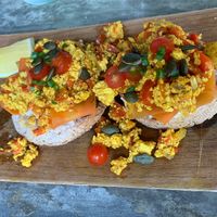 Vegan salmon and scrambled tofu on gluten free bread   at Karma Kafe in Koh Phangan