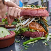 Gado gado toppings of the tempeh burger, with a Beyond Meat burger. at Burgerlijk in Maastricht