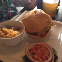 Black bean burger and mac and cheese side at Earth Friends Cafe in New Albany