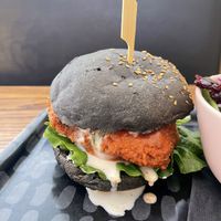 Buffalo tricken’ burger at Naked Cafe in Kelowna