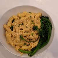 Cashew cheddar mac with GF noodles and broccolini (add-on). Delicious! at Naked Cafe in Kelowna