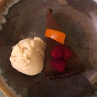 Chocolate tart w poached clementine and vegan ice cream   at The Waiting Room in Stockton-on-tees