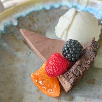 Dark chocolate tart with vegan vanilla ice cream at The Waiting Room in Stockton-on-tees