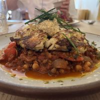 Red pepper & chick pea goulash with bubble & squeak cake & topped with a herby humous   at The Waiting Room in Stockton-on-tees