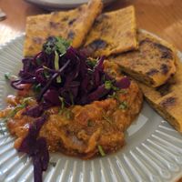 Smoky, spicy purple aubergine, red pepper black cardamon zaalouk flatbread at The Waiting Room in Stockton-on-tees