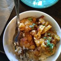 Vegan orange chicken and brown rice, nut free and so good 😊. at Allie's Vegan Pizzeria and Cafe in Spokane