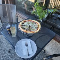 Wild mushroom pizza substitute red sauce for pesto.  The Ginger Kombucha Town was devinely refreshing! at Allie's Vegan Pizzeria and Cafe in Spokane