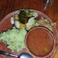 Dinner (Breaded veggies, mash, orange sauce, tomato soup, salad) at Utopia Eco Hotel in Semuc Champey
