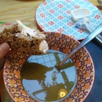 Groentesoup met brood (5,90 €)
with dairy creamcheese (not sure if they would have vegan one, too) at Greenway in Antwerpen