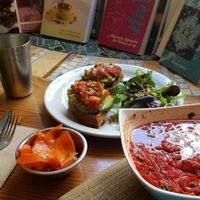 borsh, avocado waffles and smoothie at Indigo Age Cafe in Vancouver