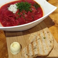 Ukrainian soup, bread and cashew butter at Indigo Age Cafe in Vancouver