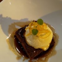 Dessert: sticky caramel cake, ice cream and sugarcoated orange at Hortus in The Hague