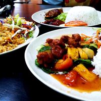 Sweet & sour chicken rice dish. Comes with a simple salad as well! at deVeg in Cyberjaya