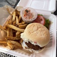 Falafel burger on GF bun  at Blue Hill Co-op and Cafe in Blue Hill