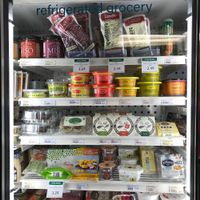 Vegan cooler section at Blue Hill Co-op and Cafe in Blue Hill