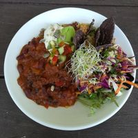 Mexi bowl with corn chips, chilli beans and cashew cream at Food Forest Organics in Greytown