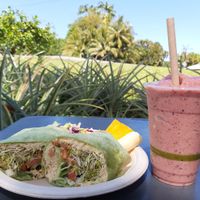 Home-made hummus wrap and fruit smoothie at What's Shakin in Pepeekeo