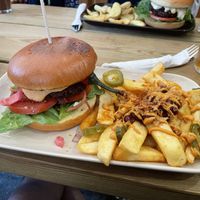 Chilli mayo burger with texas fries  at The Vegan Bar in Malmo