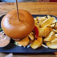 Chili burger with portobello patty, dippers and bbq mayo. at The Vegan Bar in Malmo