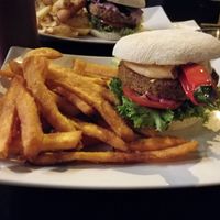 Chili burger and sweet potato fries at The Vegan Bar in Malmo