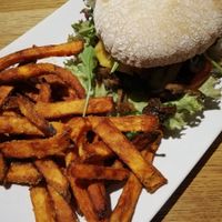 Mushy mushy Portobello burger with sweet potato fries at The Vegan Bar in Malmo