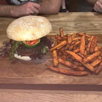 Red pepper burger and sot patot  at The Vegan Bar in Malmo