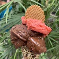 Vegan cone, chocolate, ‘Nutella’ and strawberry gelato/sorbet.  at Gelateria dell Angeletto in Rome