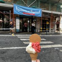 Lemon and strawberry gelato. All vegan!! Cone and wafer too!  at Gelateria dell Angeletto in Rome