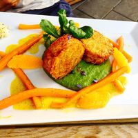 Seitan steak with potatoes and pea puree  at V2O Restaurant in Friedrichshafen