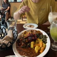 Mint lemonade and veggie platter with injera.   at Hawi Ethiopian Restaurant in Ithaca
