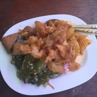 tofu cinnamon with fried eggplant, massaman curry , and deep fried mushroom  at Veg Food Stall in Bangkok