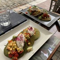 love this appetizer. spinach pancake with homemade sour cream.  at roots in Thessaloniki