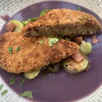 Vegan Schnitzel with vegan bacon at roots in Thessaloniki