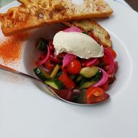 salad with vegan ricotta and bruschetta at roots in Thessaloniki
