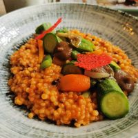 Fregola couscous with veggies at roots in Thessaloniki