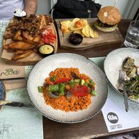 Fregola, vegan gyros, mushroom and walnut burgerrs  at roots in Thessaloniki