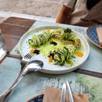 Crab with cucumber pasta at roots in Thessaloniki