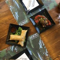 Spring rolls and stuffed aubergines with guacamole at roots in Thessaloniki