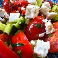 Greek salad with vegan feta at roots in Thessaloniki