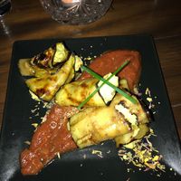 Aubergine stuffed with guacamole at roots in Thessaloniki