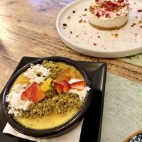 Crème brûlée in front; cheesecake in back  at roots in Thessaloniki