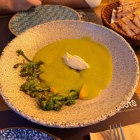 Broccoli - Charred baby broccoli, broccoli velouté, orange, almond mascarpone, and pinenut crumble at roots in Thessaloniki